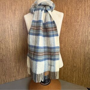 Vintage‎ Harrods Knightsbridge UK Wool Scarf Plaid Check Neutral Fringe 11”x 58”
